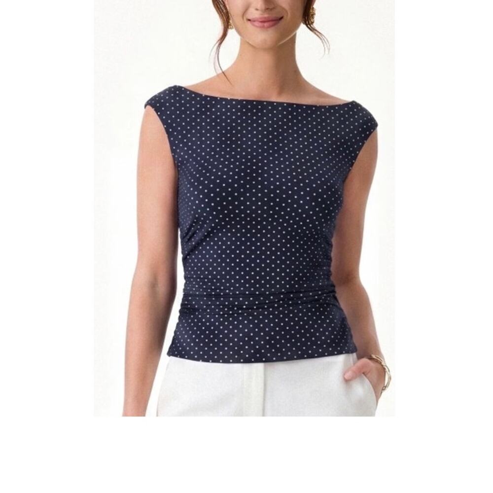 OGL Women Size XS Navy White Polka Dot Boatneck Ruched Bra Top Built-In Pads